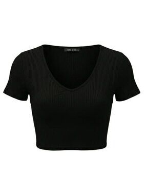 Shein Size S Black Cropped Ribbed Cotton Jersey Top V-Neck